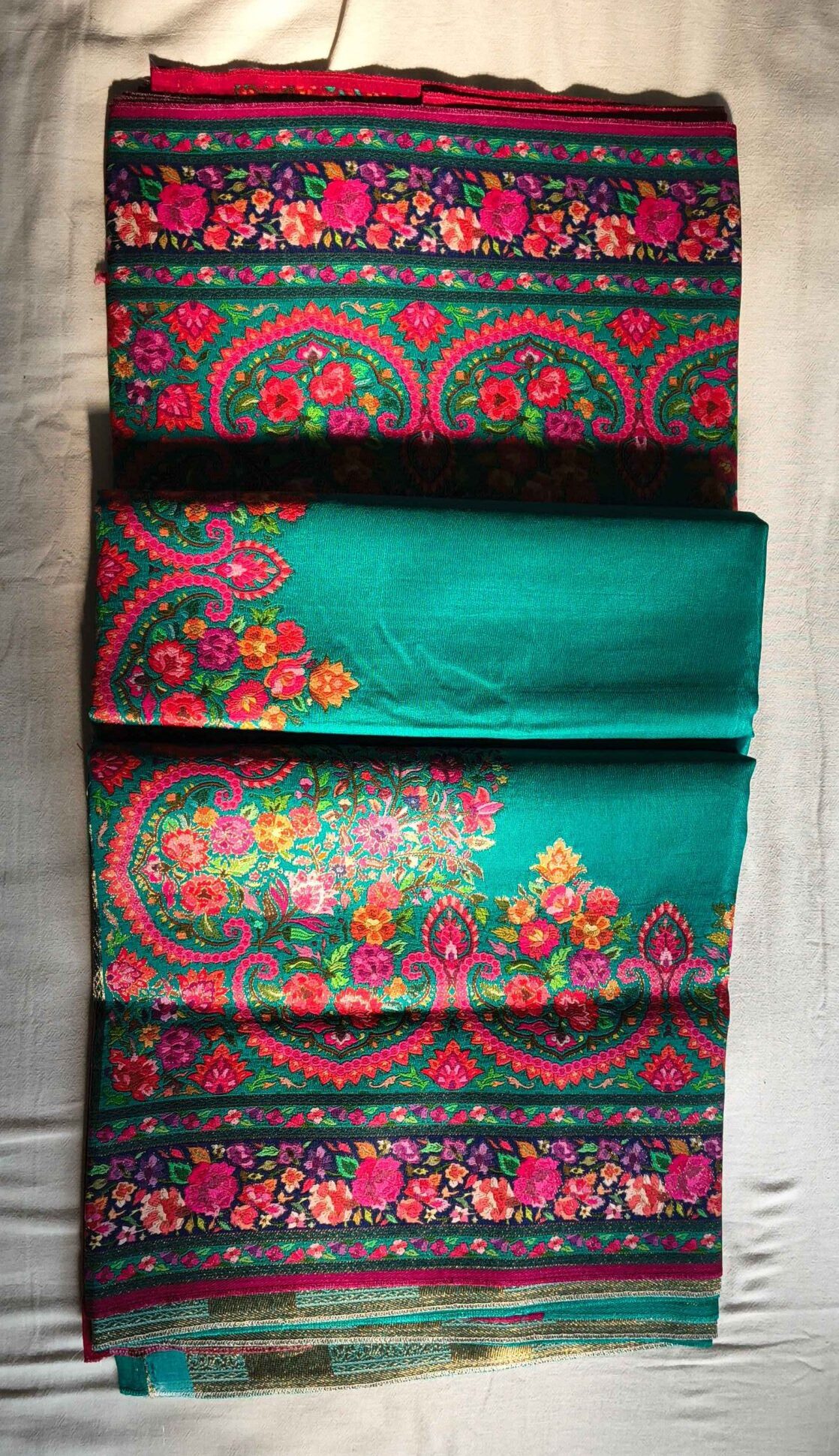 Kanni Silk Pashmina Saree – Teal Blue Floral Elegance