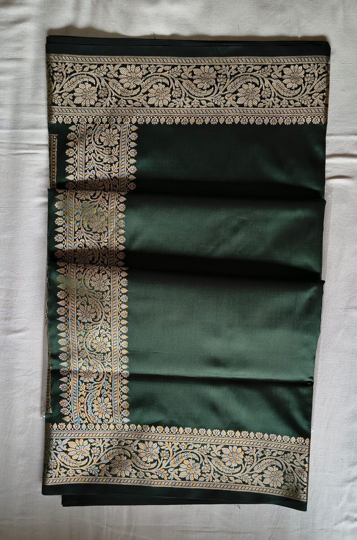 Emerald Green Silk Saree with Antique Gold Zari Border