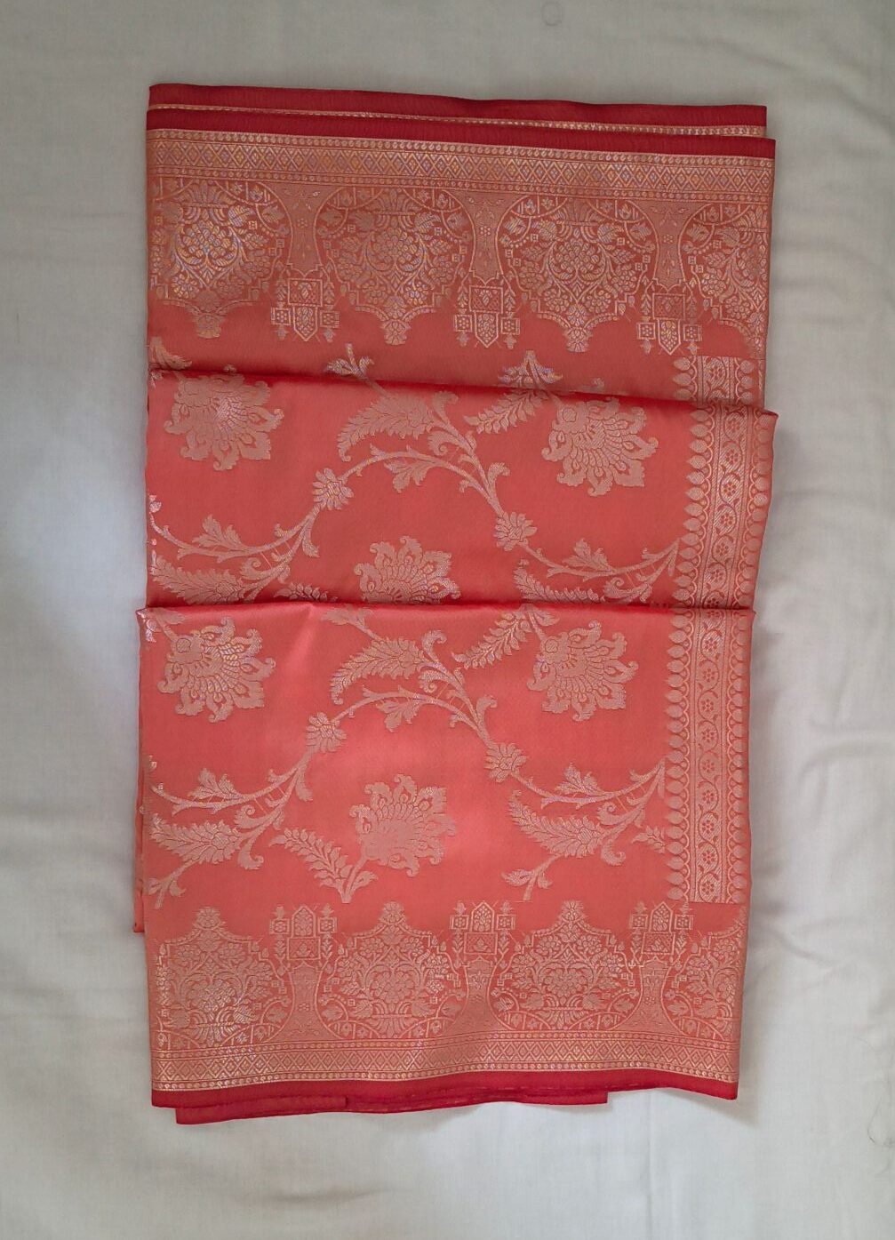 Peach Pink Dupion Banarasi Silk Saree with Tonal Zari Weaving
