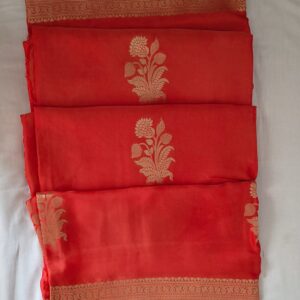 Coral Orange Mashru Banarasi Saree with Gold Floral Buta & Traditional Zari Border