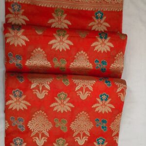 Coral Orange Khaddi Georgette Saree with Multicolor Floral Buta & Zari Border