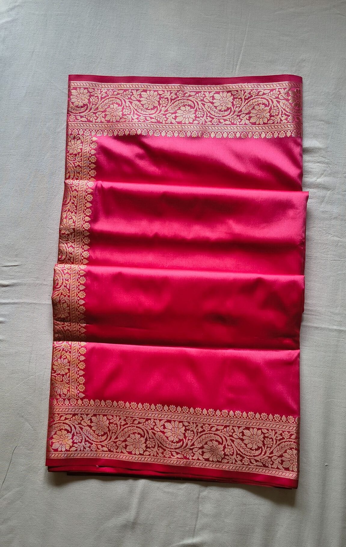 Hot Pink Silk Saree with Antique Gold Zari Border